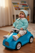 Archie in a toy racing car