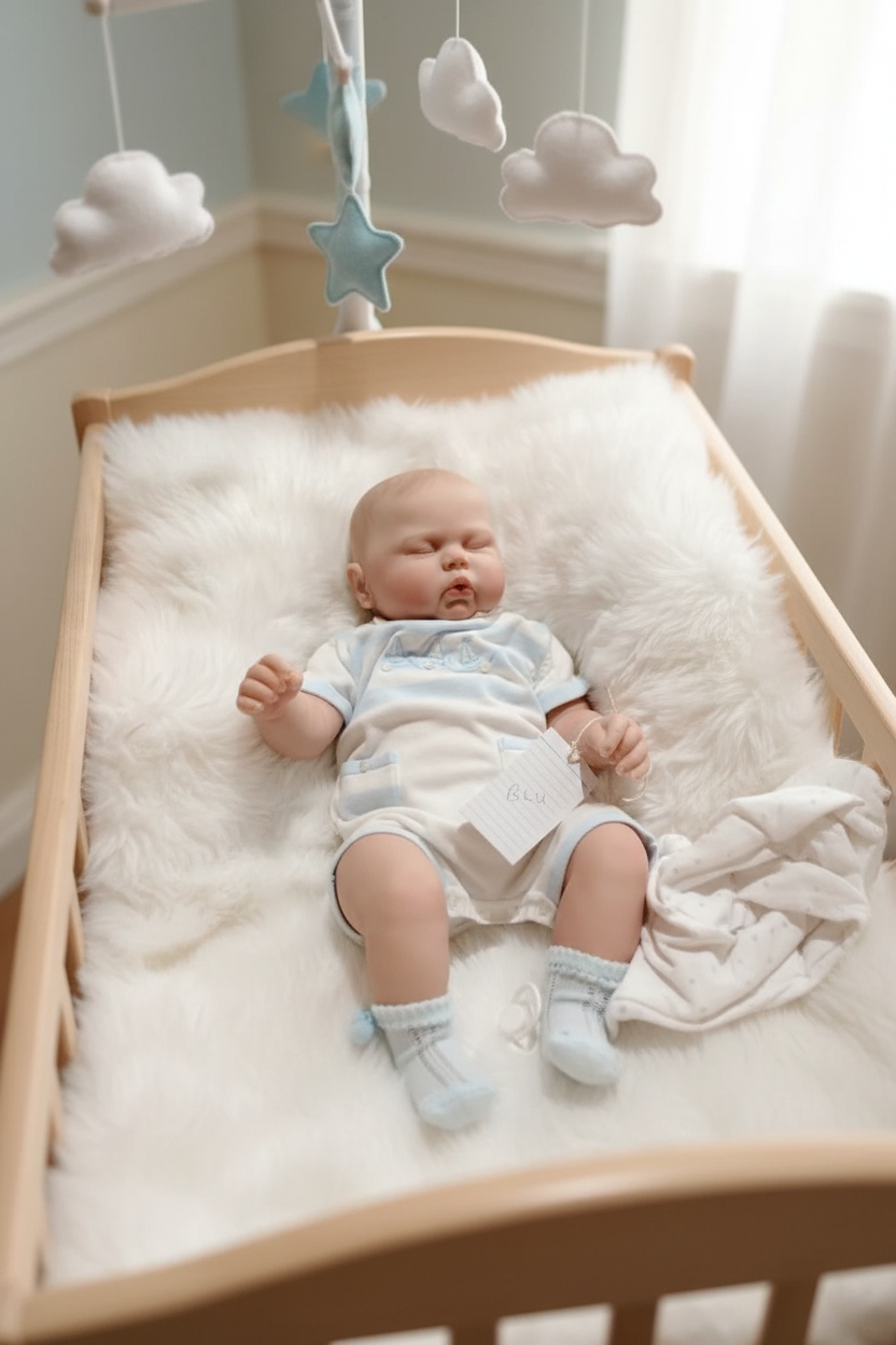 Blu asleep in cot