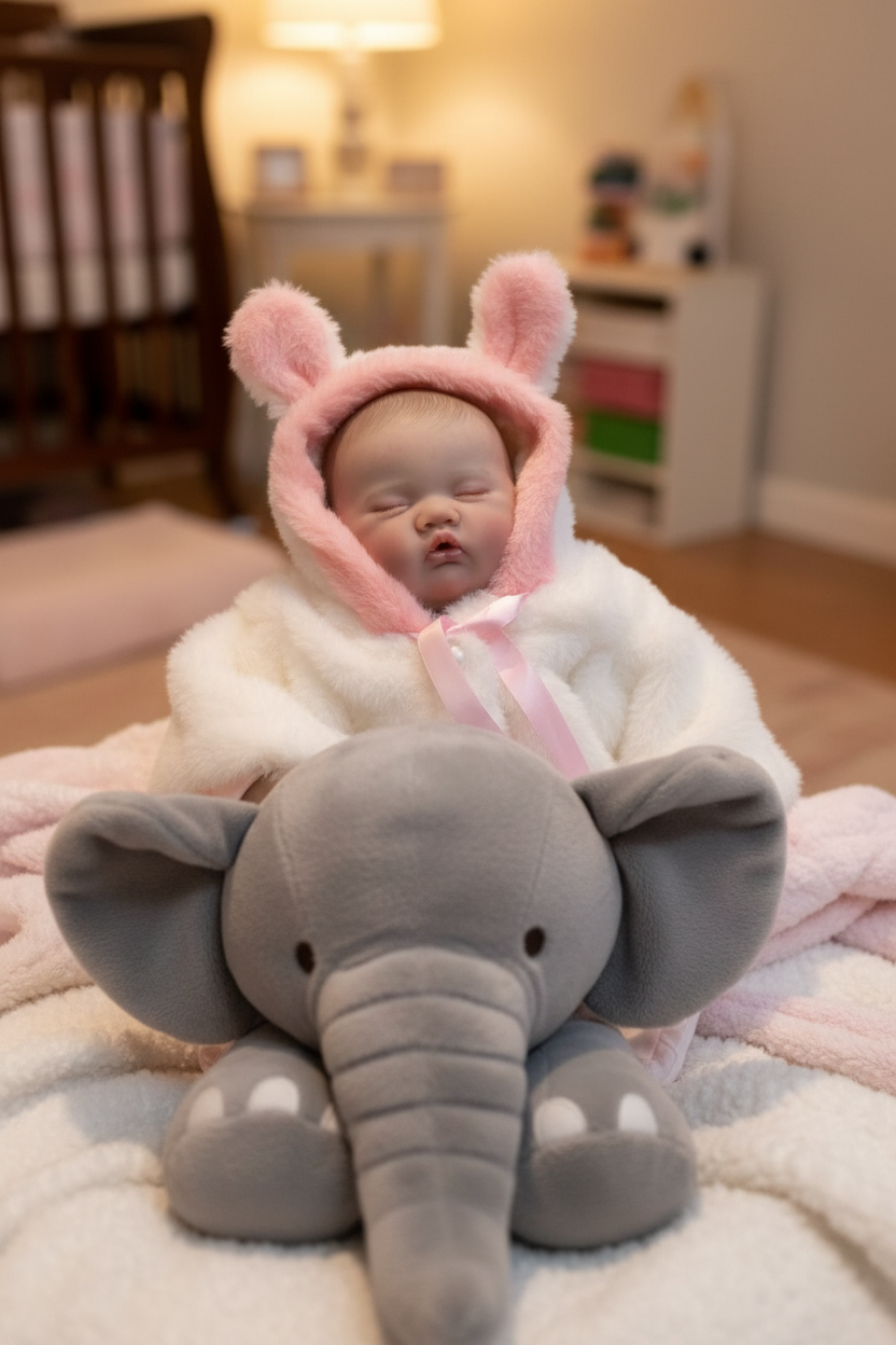Carly on elephant soft toy