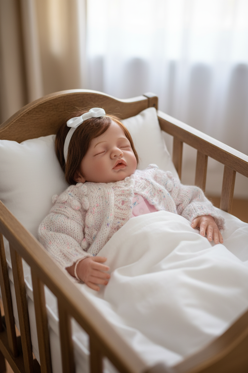 Clover reborn doll asleep in cot