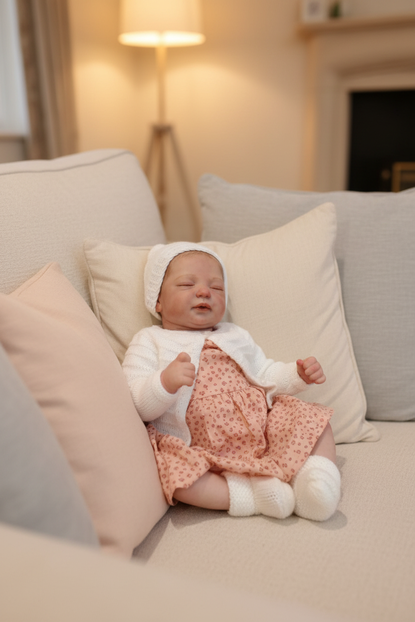 Coral asleep on sofa with cushions
