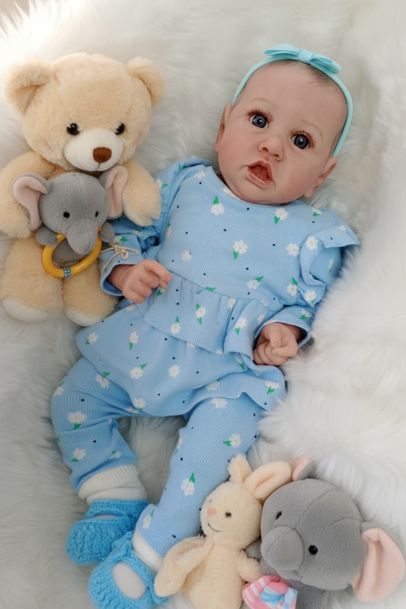 Daisy reborn doll amongst soft plush toys