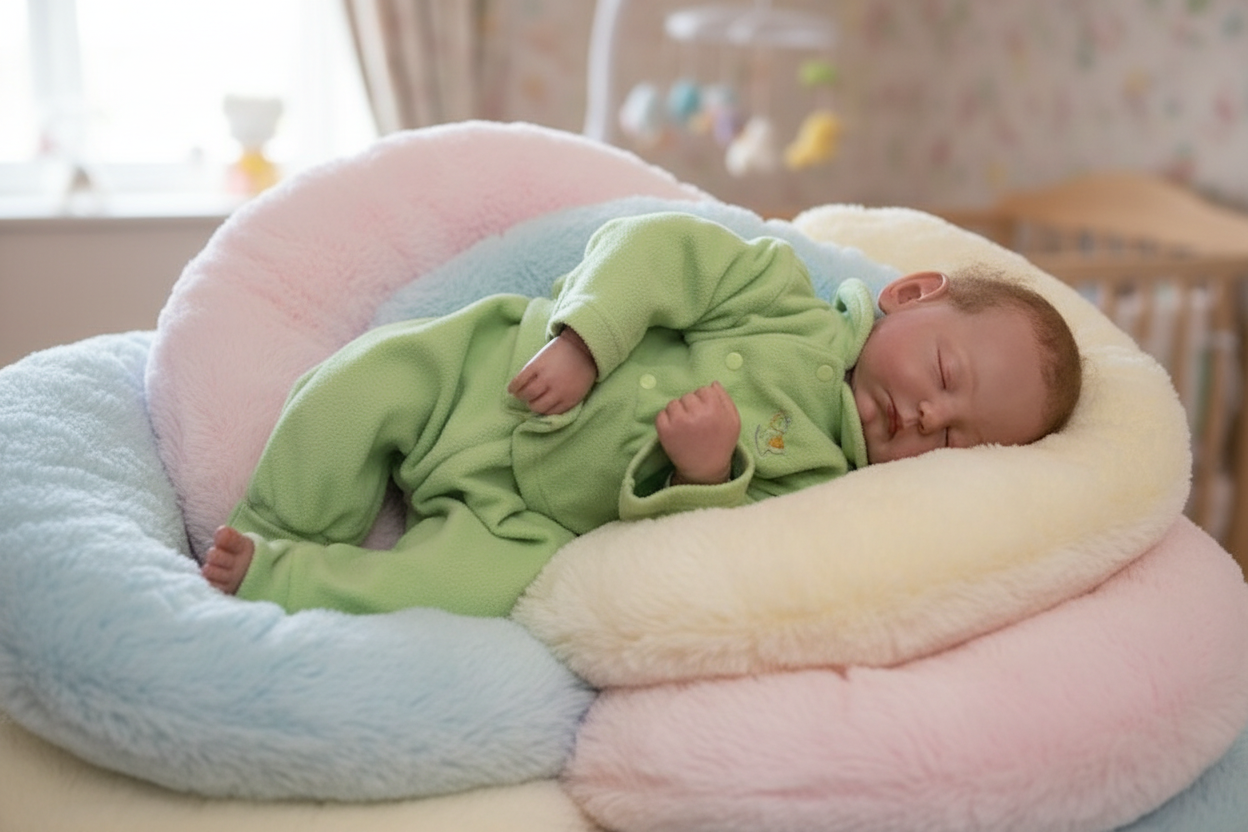 Doll asleep on soft cushions