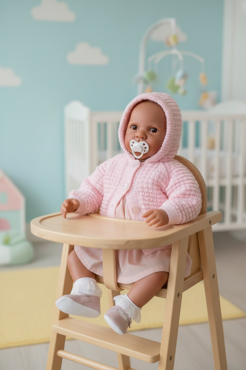 Doll with lighter skin in high chair