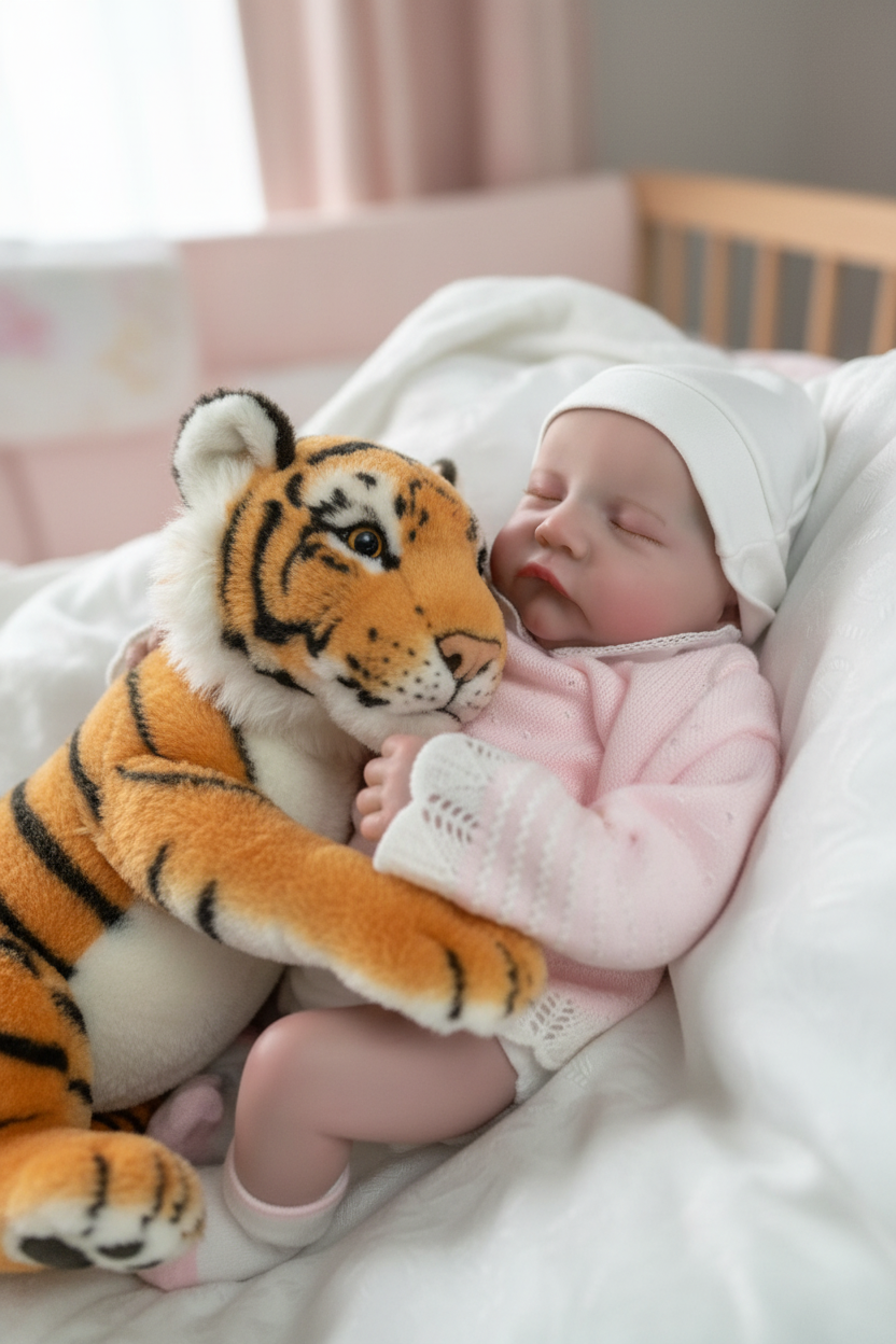 Reborn Baby Doll Nestled into Soft Tiger