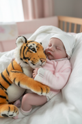 Reborn Baby Doll Nestled into Soft Tiger