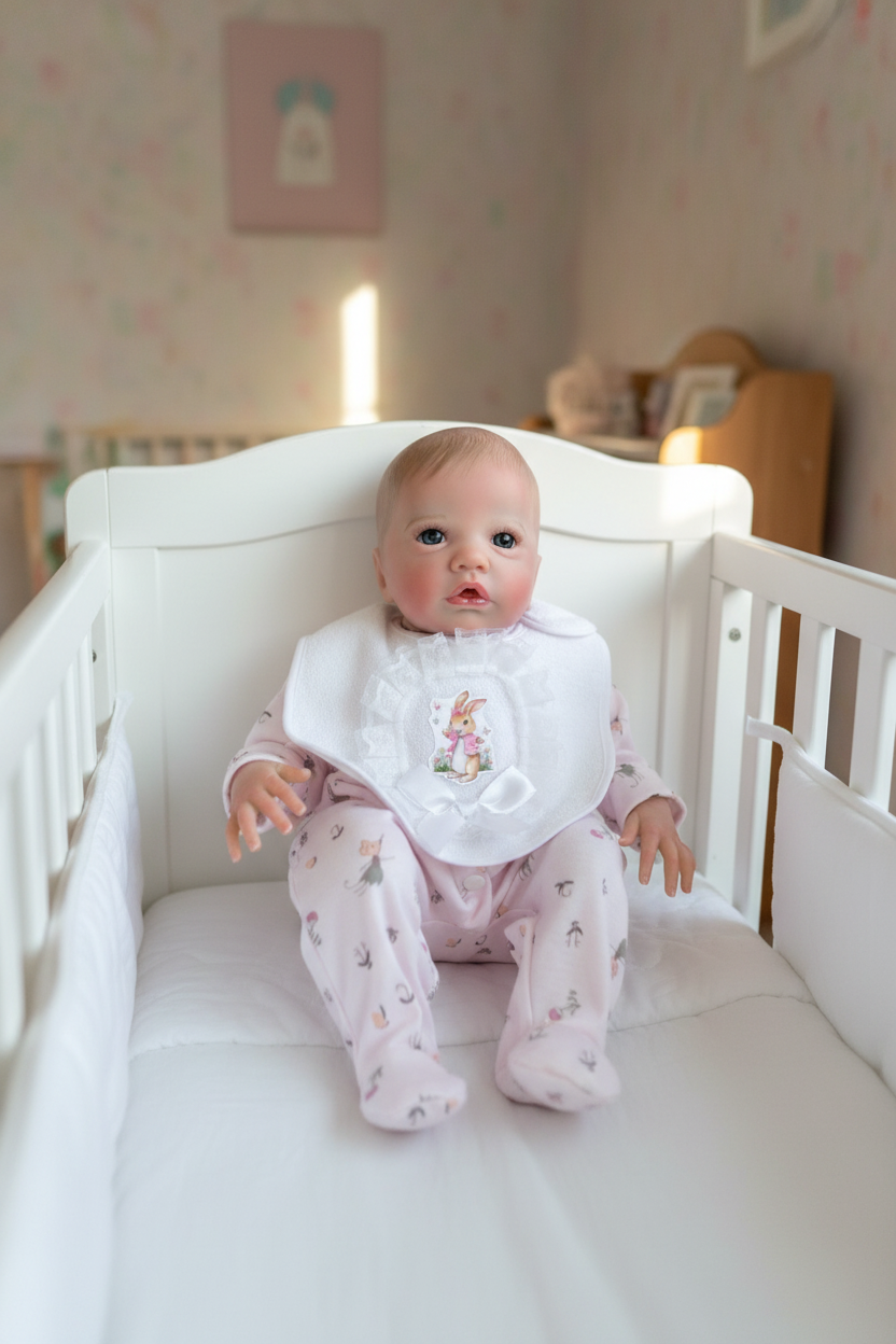 Reborn baby girl doll sitting in her cot