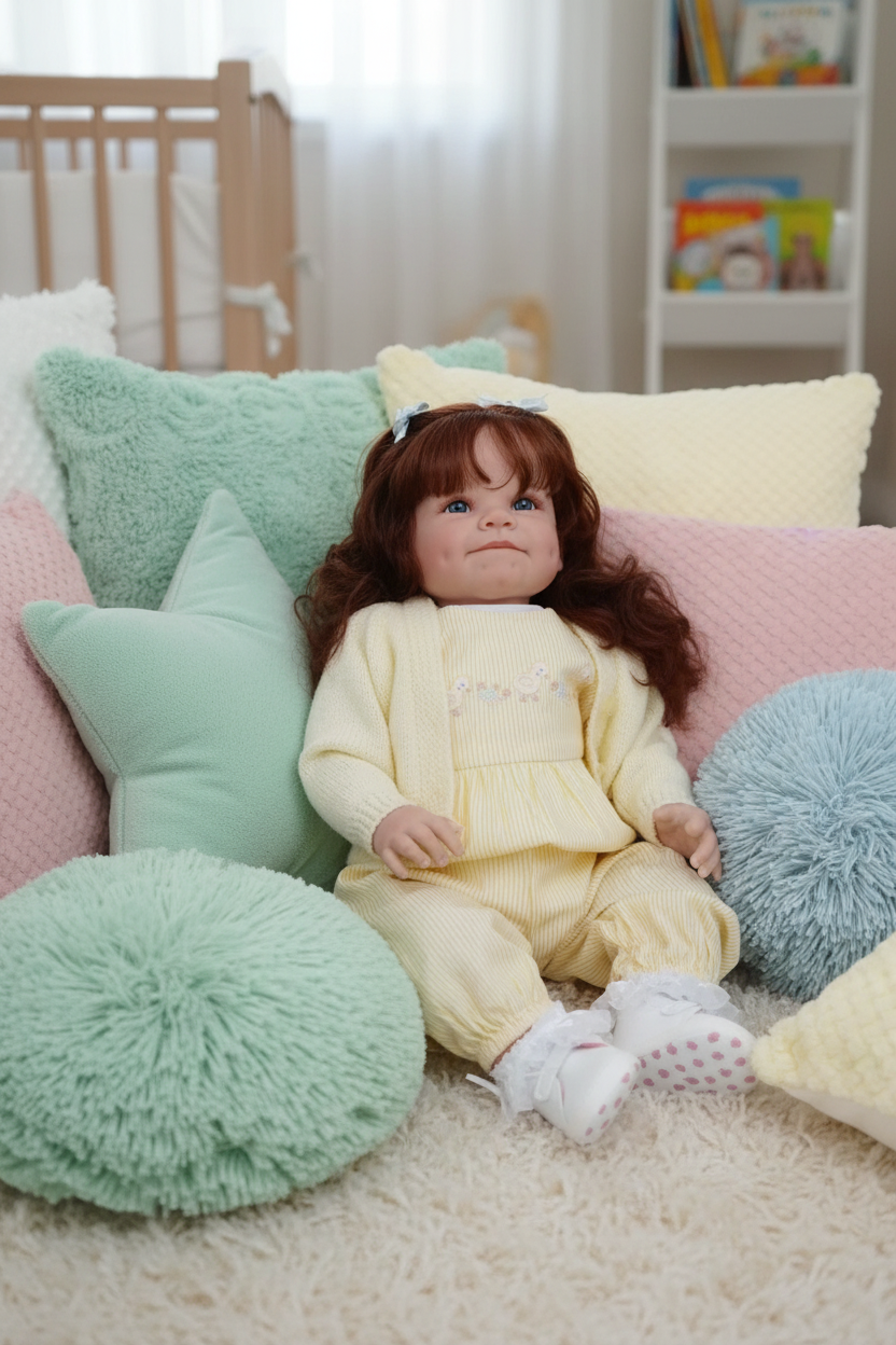 Reborn doll amongst soft cushions