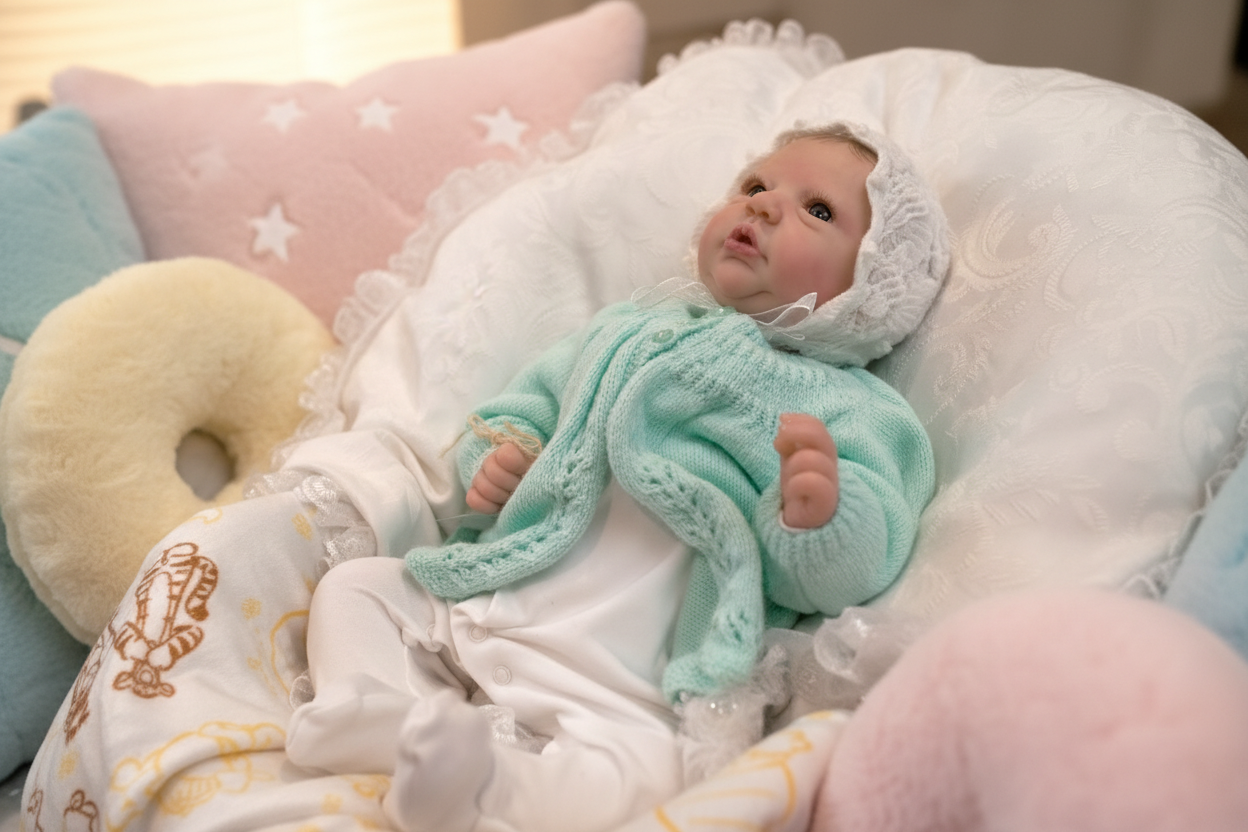 Reborn doll amongst soft plush pillows
