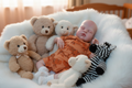 Reborn doll asleep amongst soft toys