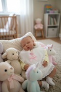 Reborn doll asleep amongst soft toys