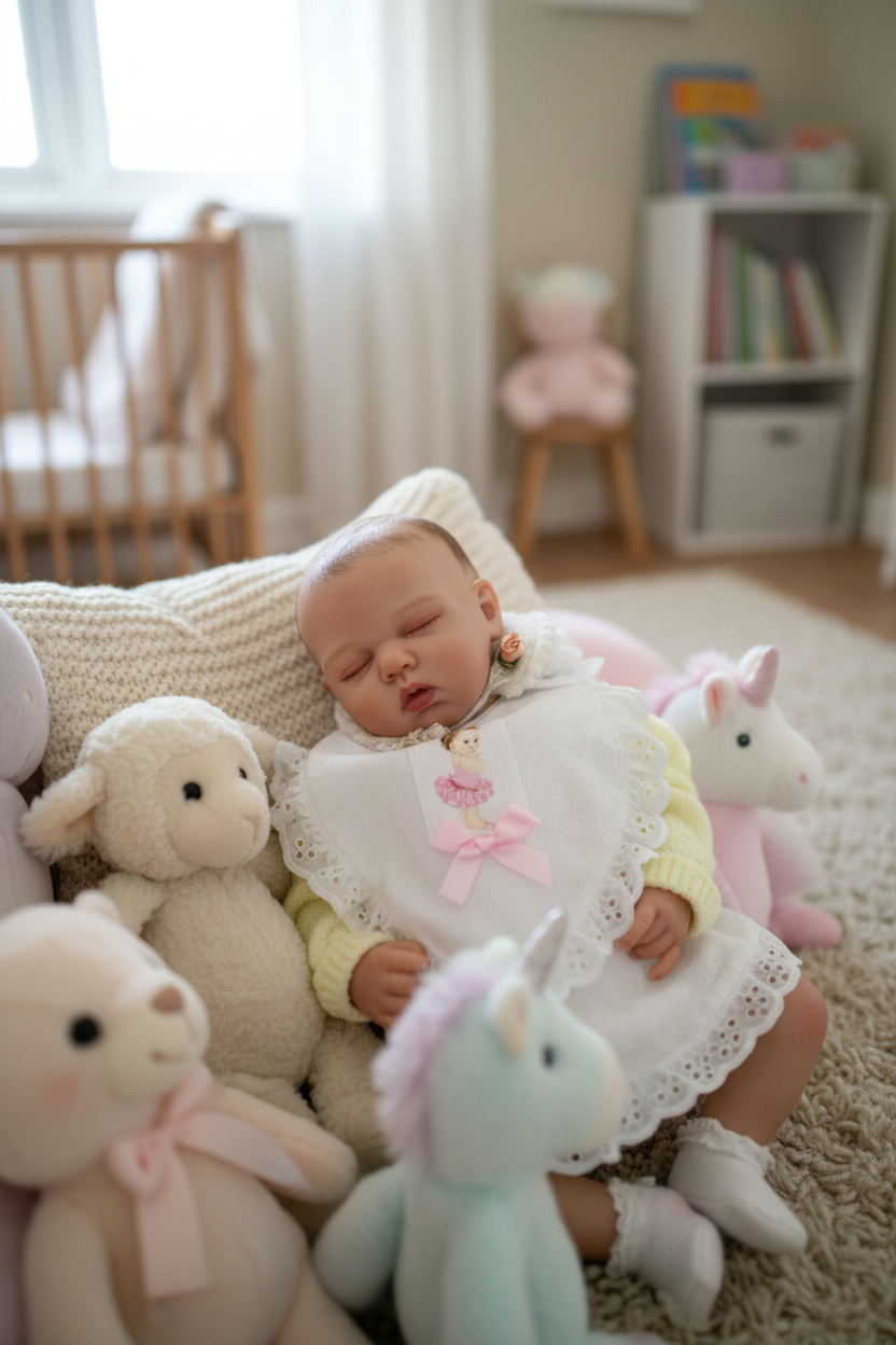 Reborn doll asleep amongst soft toys