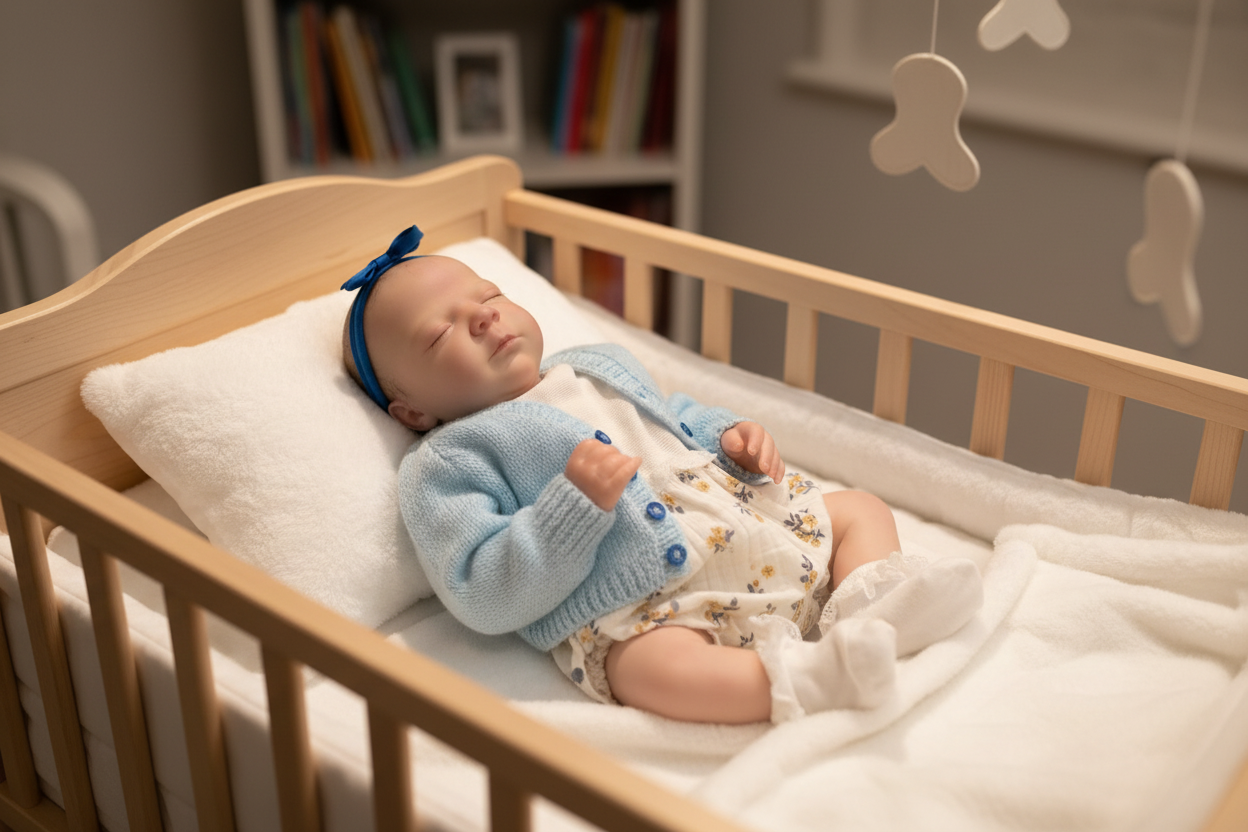Reborn doll asleep in a cot