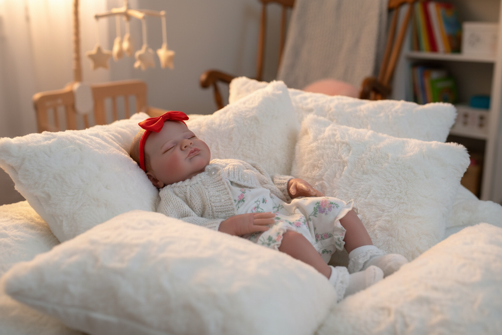 Reborn doll asleep on pillows