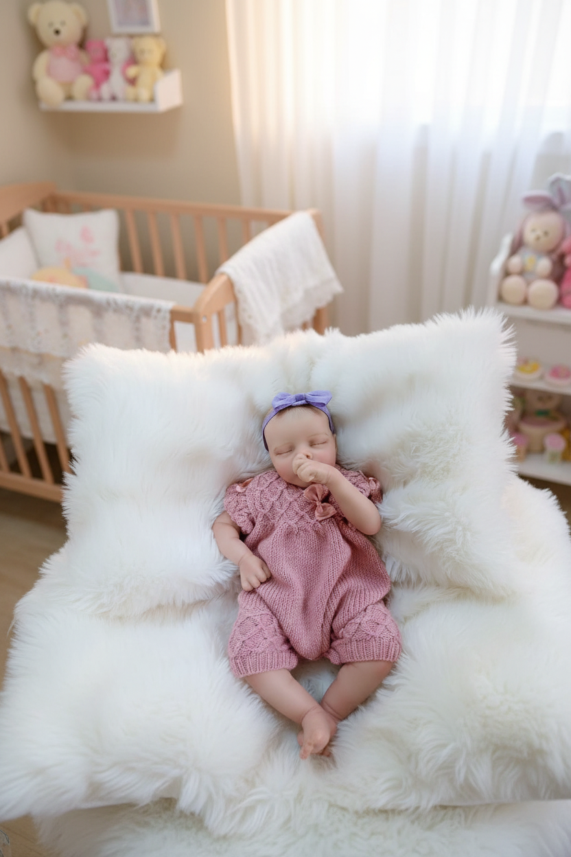 Reborn doll asleep on soft cushions