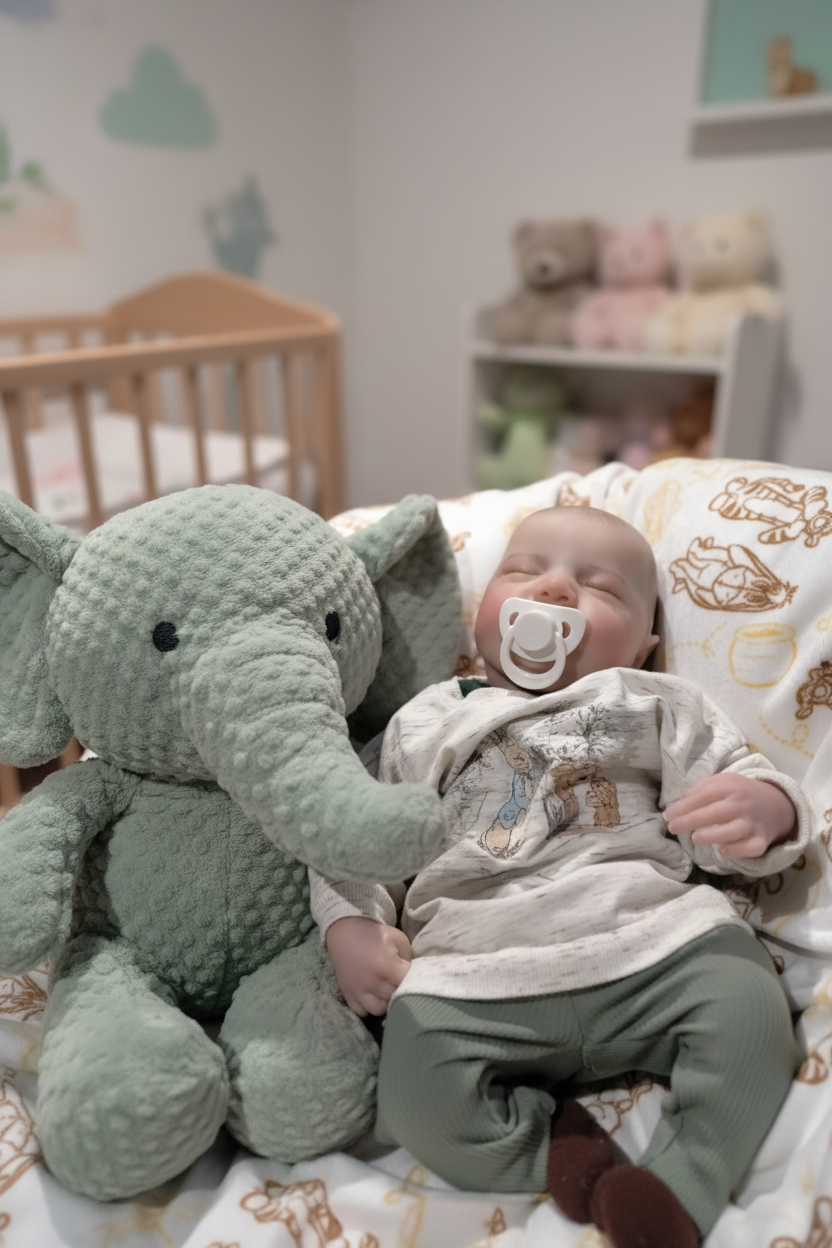 Reborn doll asleep on soft toy elephant