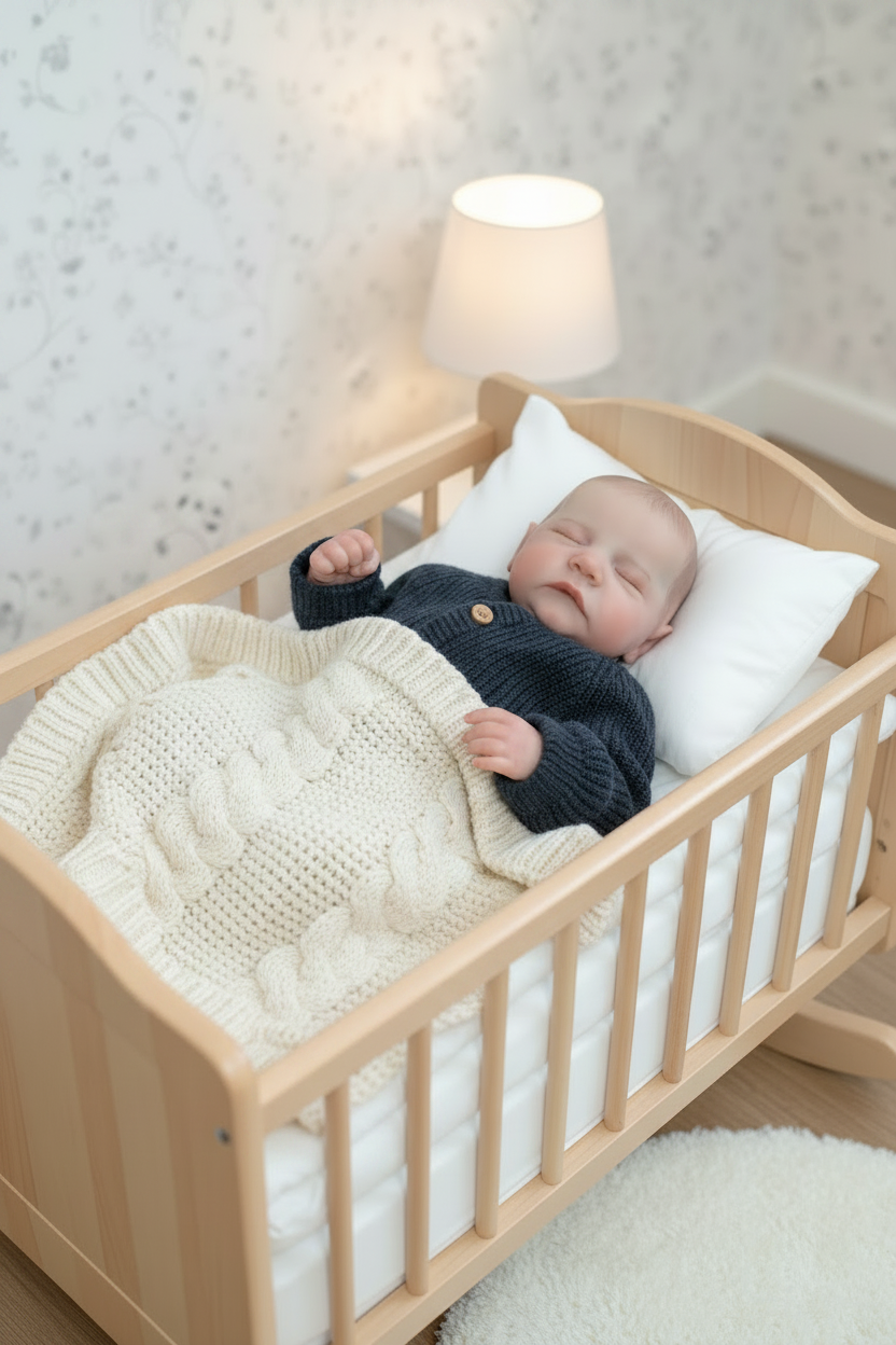 Reborn doll in slightly larger cot