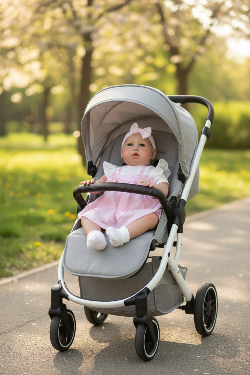 Reborn doll in stroller