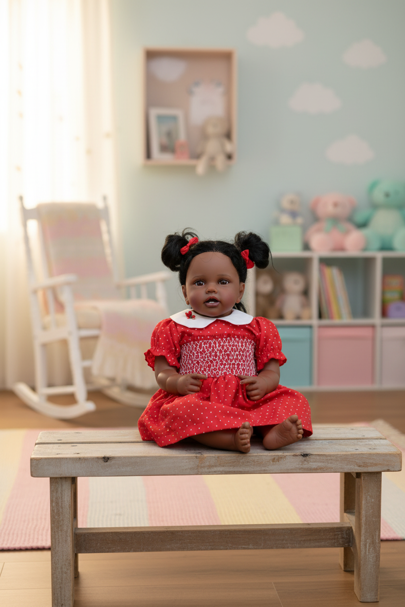 Reborn doll on indoor bench