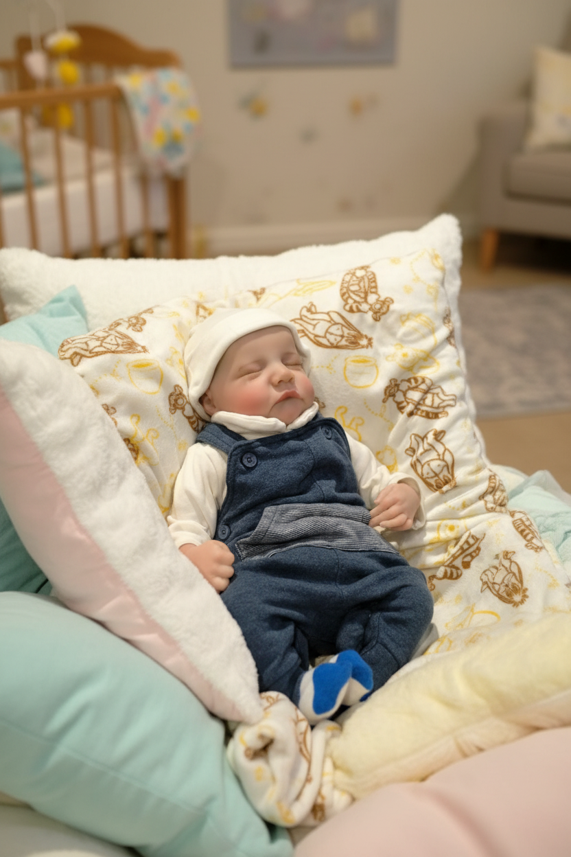 Reborn doll on soft pillows