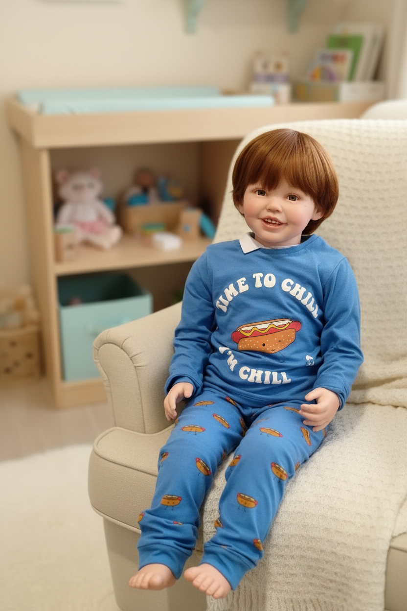 Reborn toddler boy doll on soft armchair