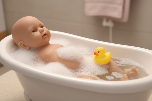 Silicone doll in baby bath