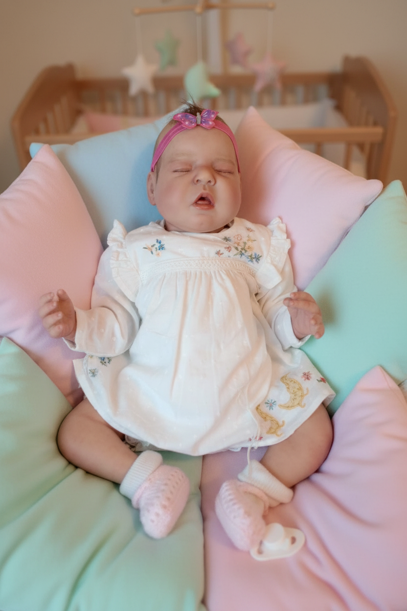 Sleeping doll propped on cushions