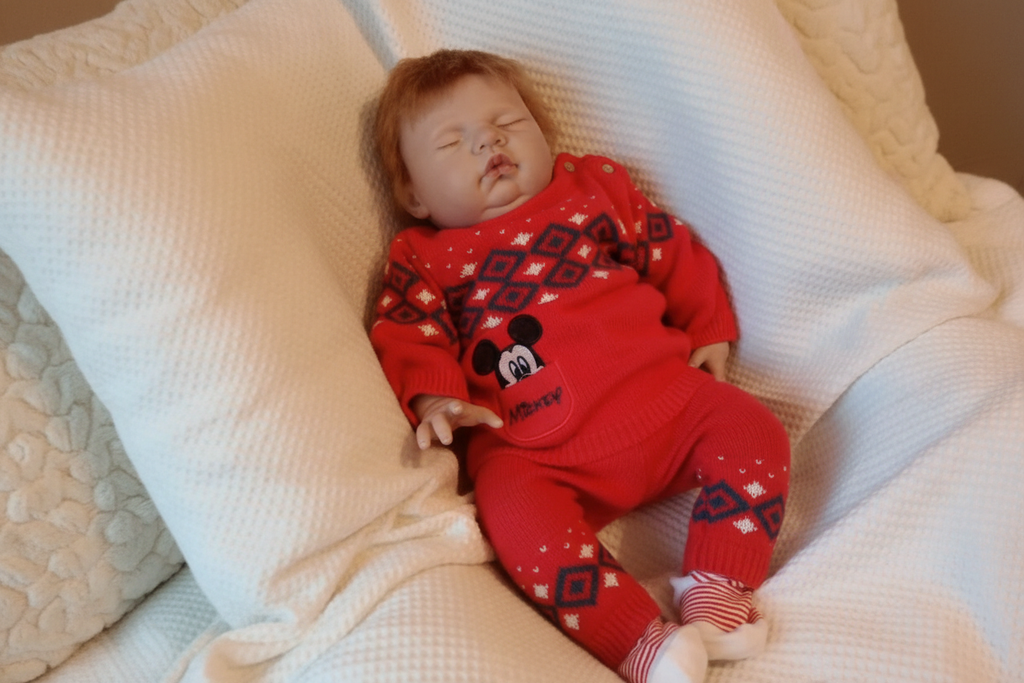 Sleeping reborn doll on soft pillows