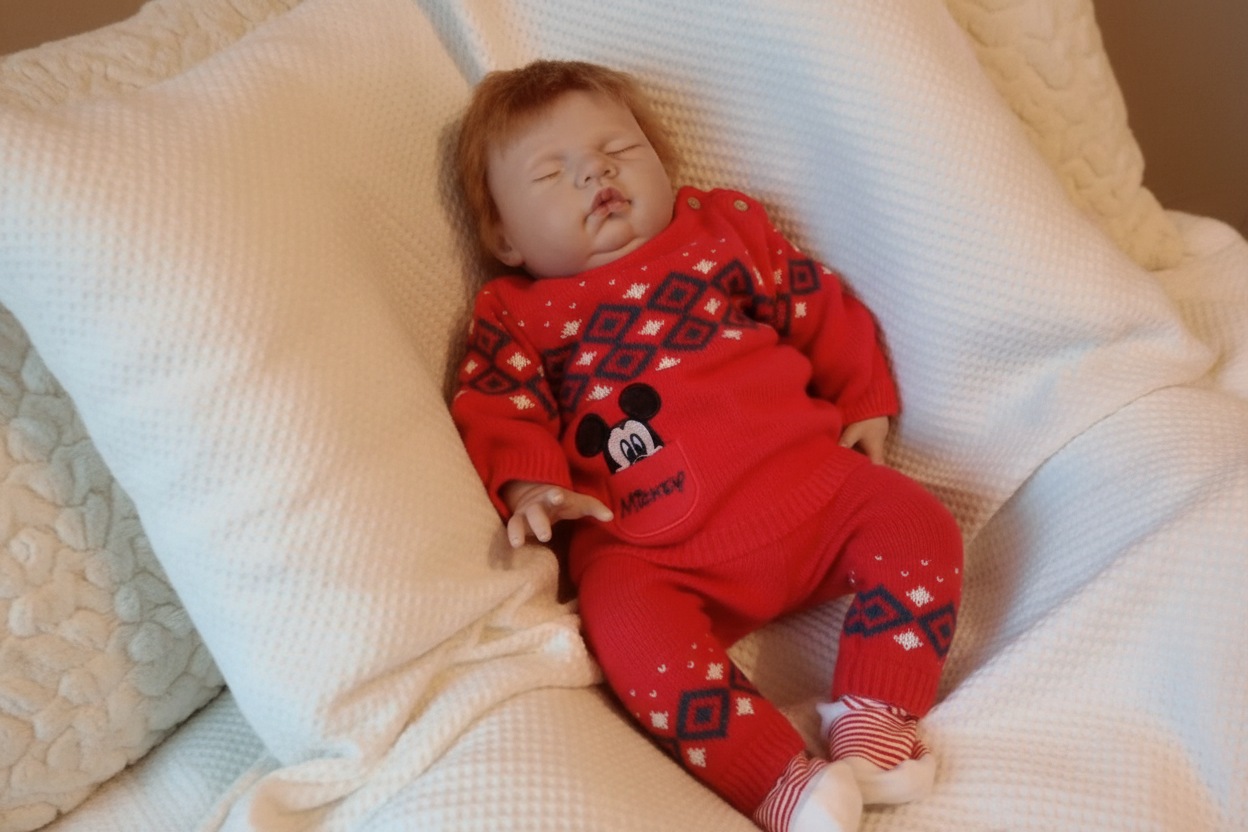 Sleeping reborn doll on soft pillows